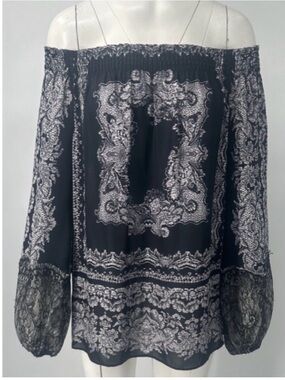 Kobi Halperin Off-Shoulder Black and White Paisley Print Lace Blouse small